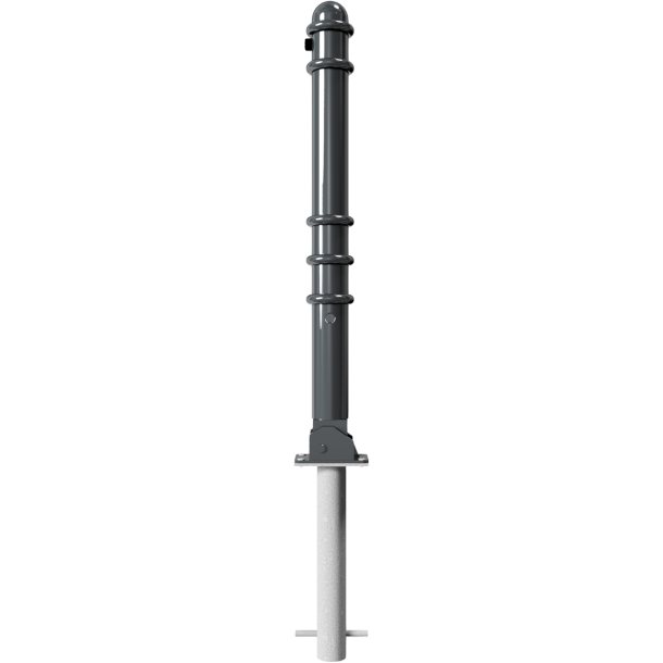Ornamental bollard | Series 479B | � 76 mm | foldable, self-engaging lockfor casting in concrete, with hot-dip galvanized ground socket part-no. 470.60approx. 400 mm below ground | with triangular locking mechanism acc. with DIN 3223 | with 1 eyelet